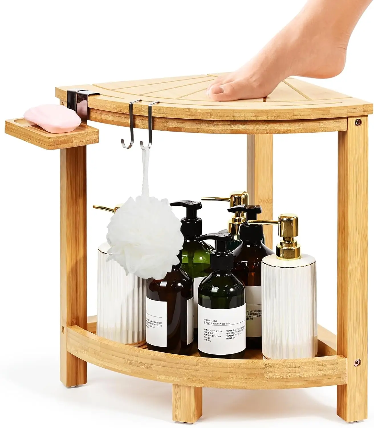 

2-Tier Bamboo Corner Shower Stool with Storage Shelf, Soap Dish, and Non-Slip Feet for Shaving Legs