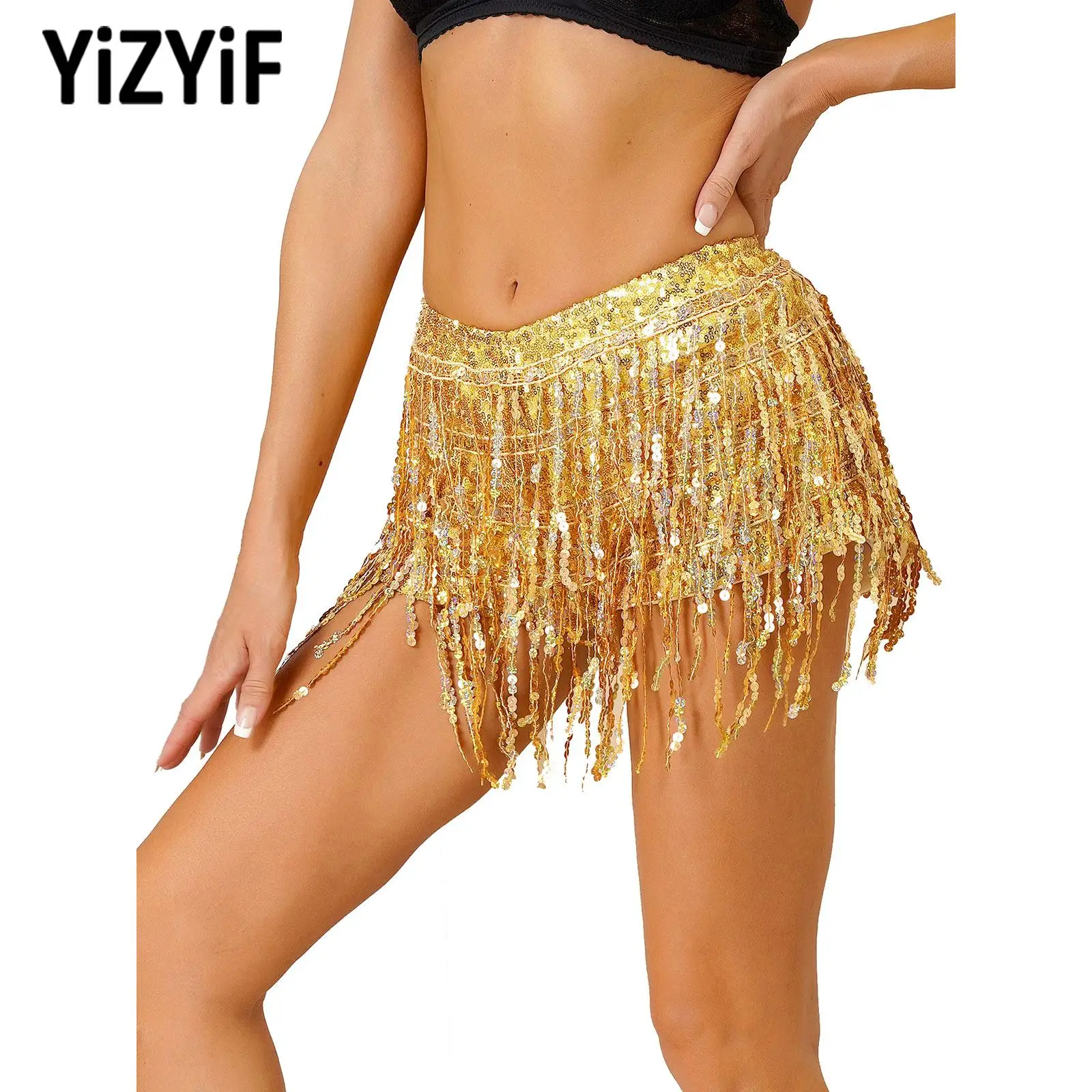 

Womens Sparkling Belly Dance Sequin Shorts Tiered Sequin Tassel Back Zipper Hot Pants for Jazz Disco Bar Nightclub