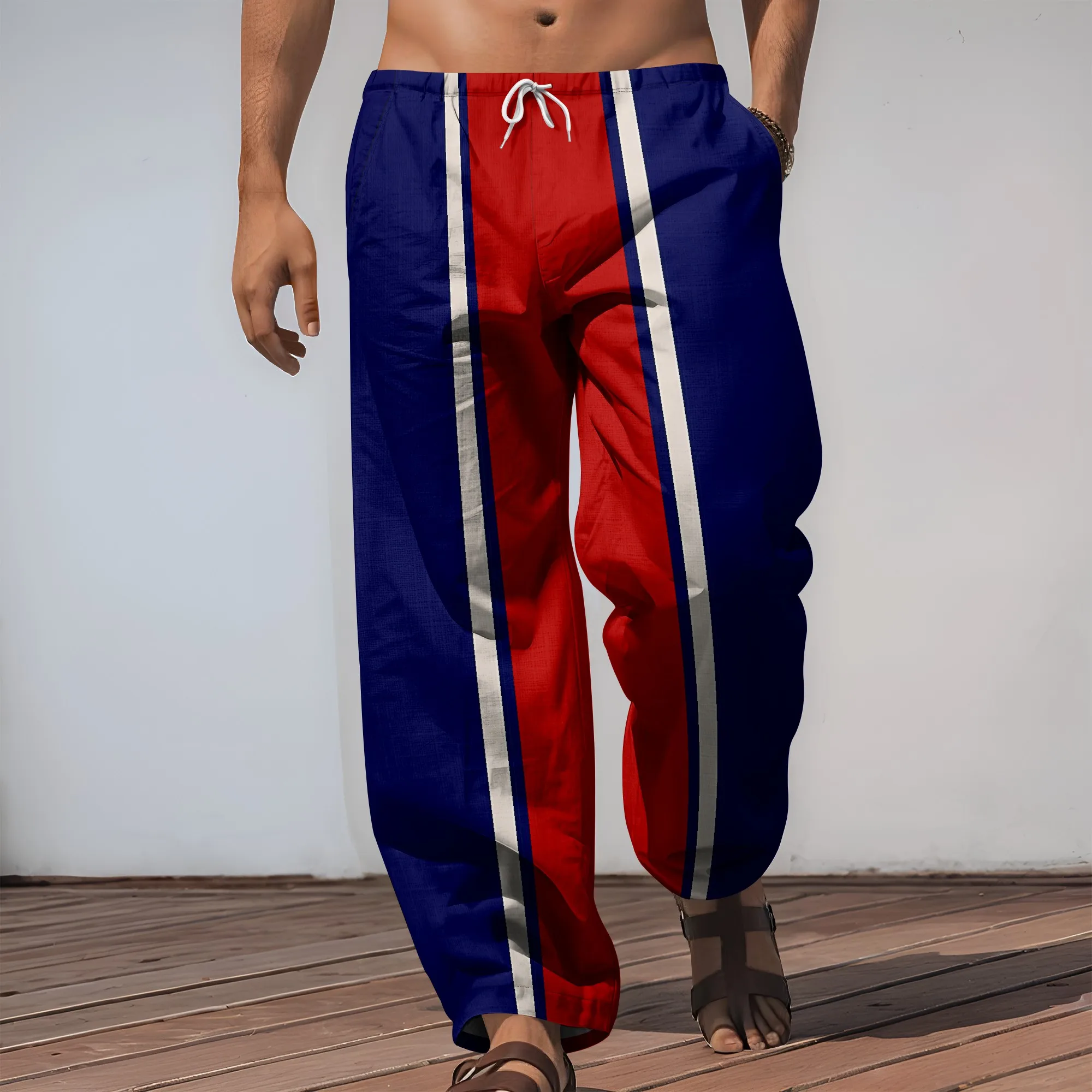 YEAE Blue Red Stripe Print Pants for Men Summer casual Loose Drawstring Trousers