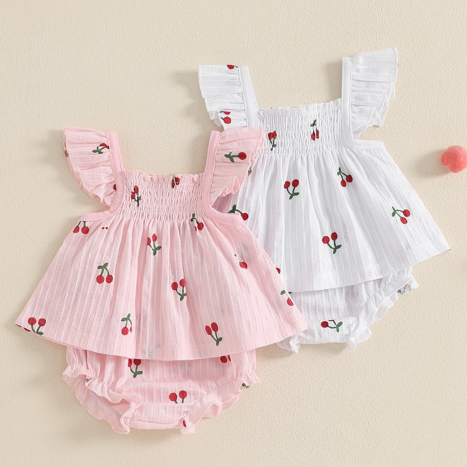 Baby Girl Shorts Set Cherry Print Smocked Fly Sleeve Babydoll Tops Elastic Waist Ruffle Shorts 2 Piece Summer Girls Outfit