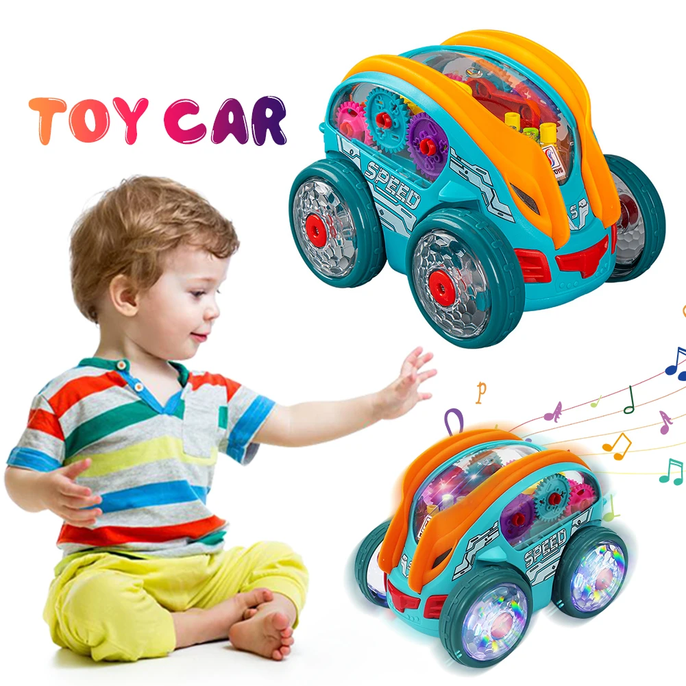 Light Up Transparent Gear Car Toy Bump and Go Toy Car with Colorful Moving Gears Toddler Trucks Stunts Somersaults Car for Kids