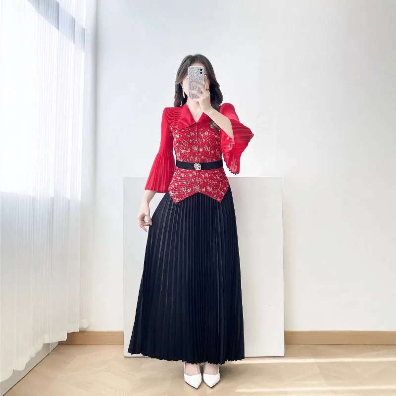 بدلة نسائية مياكي بطيات 2026 موضة أوروبية جديدة ختم الخصر بلوزة رقيقة مزاجه أنيقة Plisse نصف تنورة 2 مجموعات