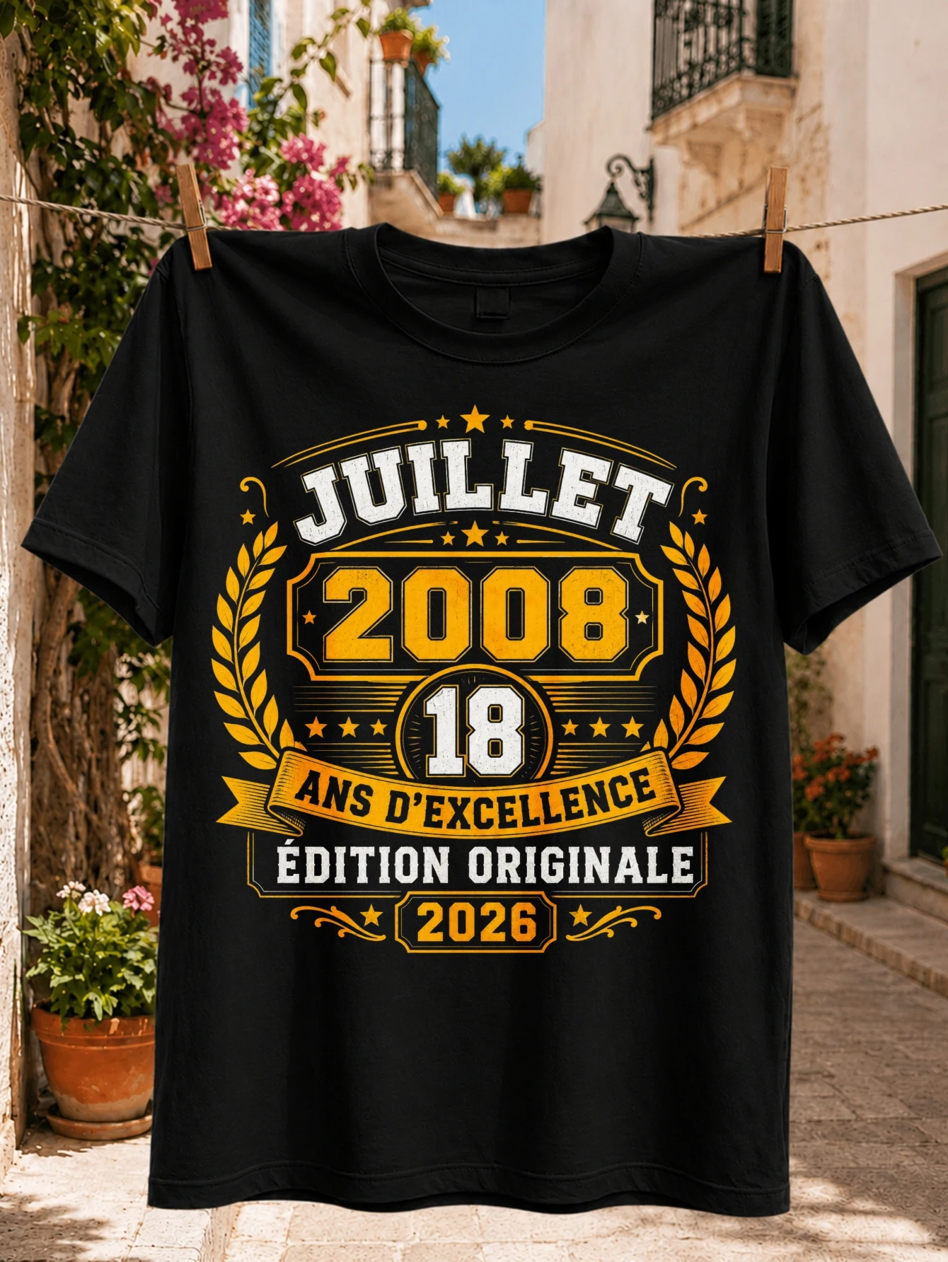 T-shirt unisexe avec motif de célébration du Juillet 2008, édition originale 18 Ans d'Excellence, doré sur le devant, 2026