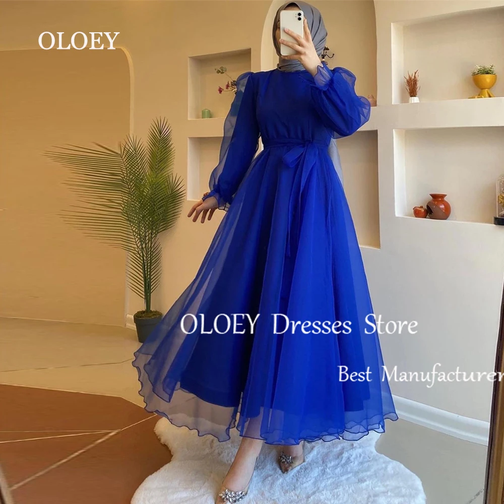 

OLOEY Modest O Neck Arabic Evening Dress Puff Full Sleeves Wedding Party Dress Mid Calf Length Custom Made Prom Dress Formal Gow