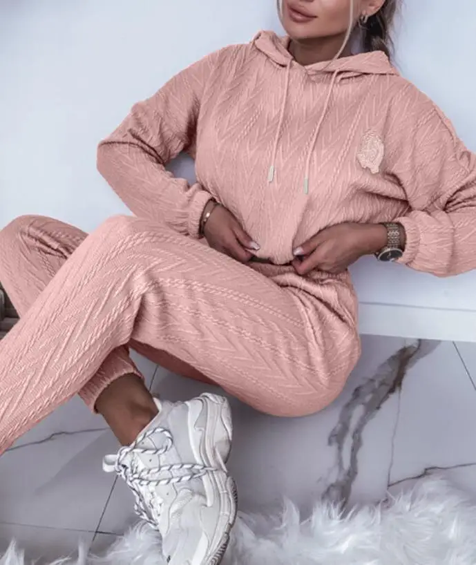 

Two Piece Set Women Outfit 2025 Spring New Jacquard Drop Shoulder Drawstring Hoodie Sweatshirt & Elastic Waist Casual Pants Set