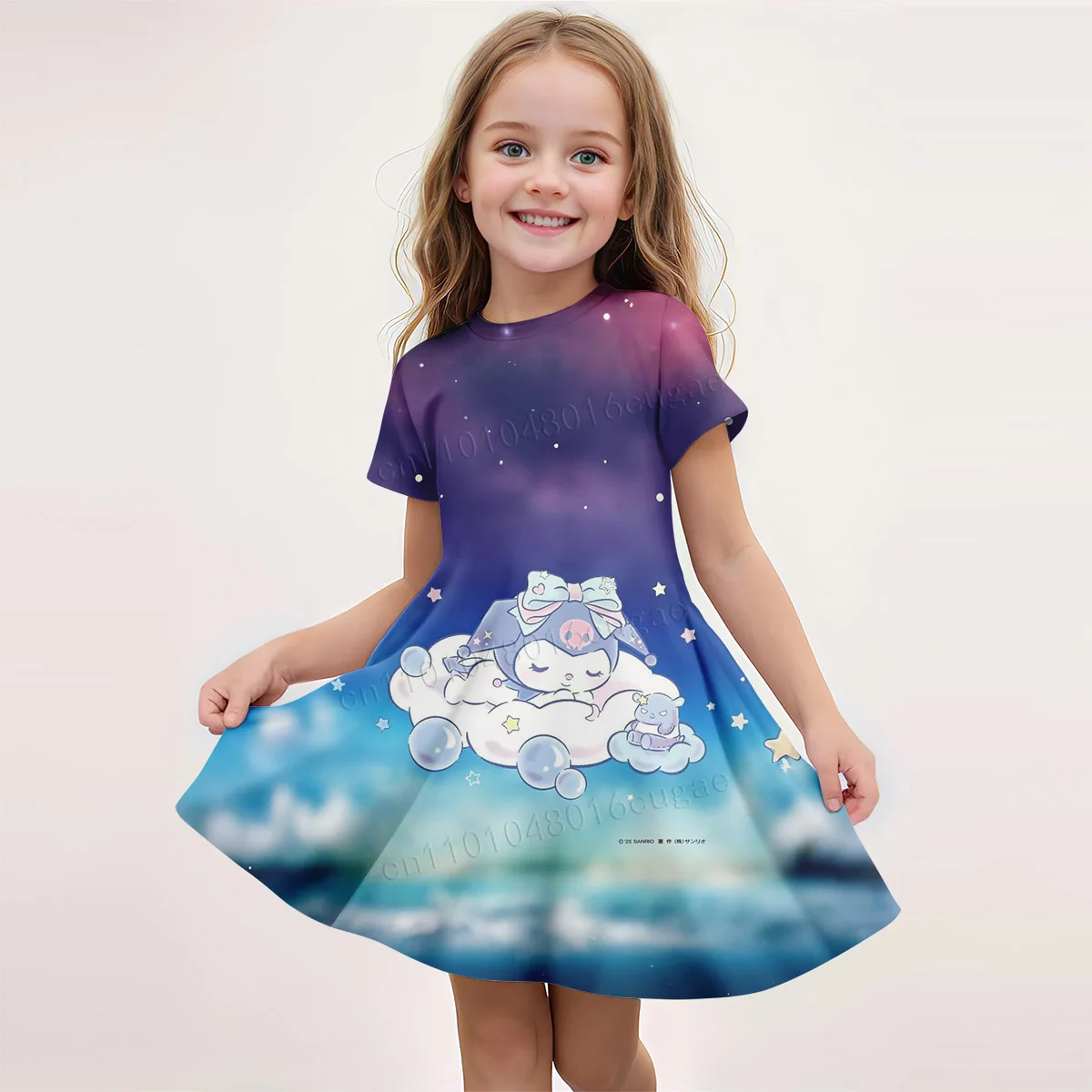 

Kuromi Girl Sweet Cute Summer Dress Short Sleeve Long Dress Printed Cartoon Pattern Casual Comfortable Slimming Long Dress