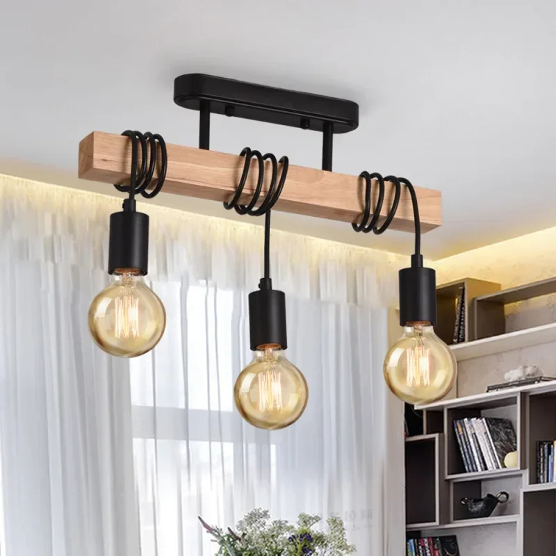 

American Retro Wood Art Winding Suction Hanging Dual-use Lamps Living Room Dining Room Bedroom Chandelier Ceiling Light