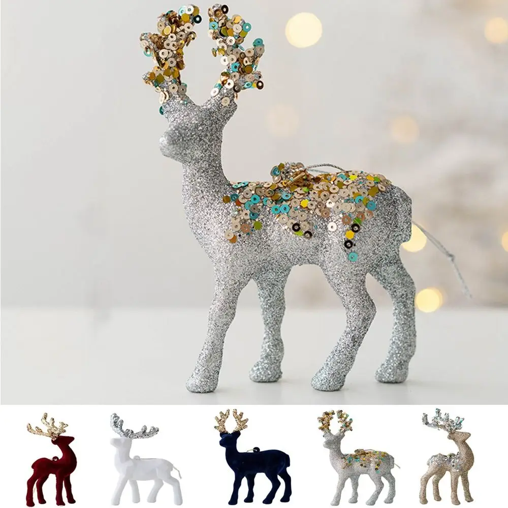 Cute White Simulation Glittering Reindeer Small Hanging Christmas Elk Decorations Decorative Xmas Tree Pendant Party