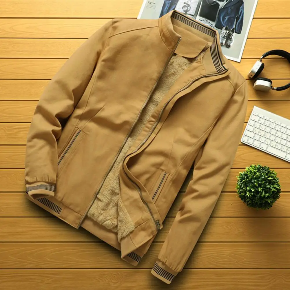 Autumn And Winter New Men's Fashion Aviator Jacket Fleece Thickened Warm Baseball Jacket Solid Color Zipper Large Size Top