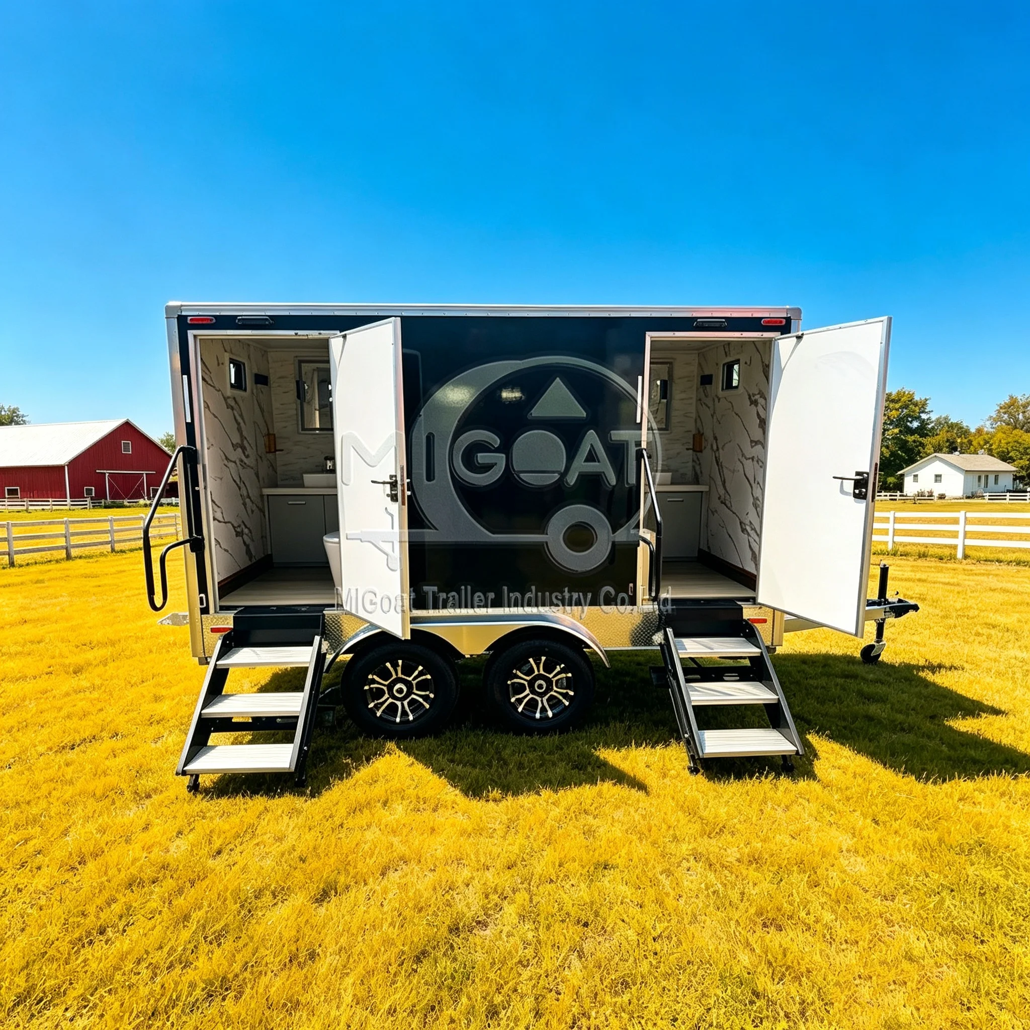 portable mobile toilet trailer double stall carbon crystal panel interior restroom for event construction wedding