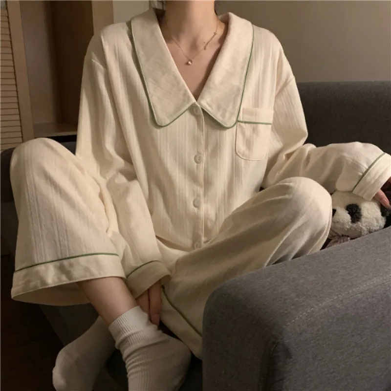 Autumn Winter New Soft Sleepwear Women\'s Lapel Button Cardigan 2 Piece Outfit Set Women Simple Solid Color Home Suit for Women