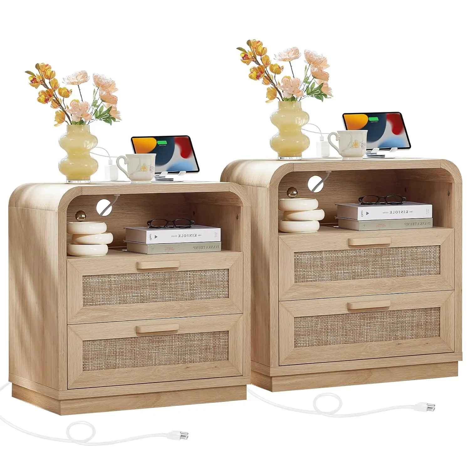 Natural Rattan Nightstands Set of 2 with USB Charging Station, Bedroom Furniture, Customized