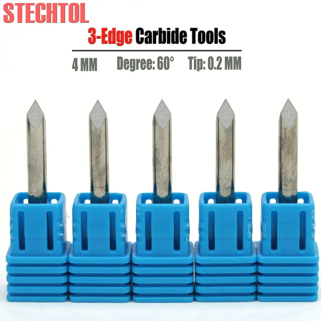 4x0.2mm 60 Angle 3-Face V Carve Tool CNC Router Milling Cutter PCB Engraving Bit for Aluminum Metal 10pc Carbide Pyramid Endmill