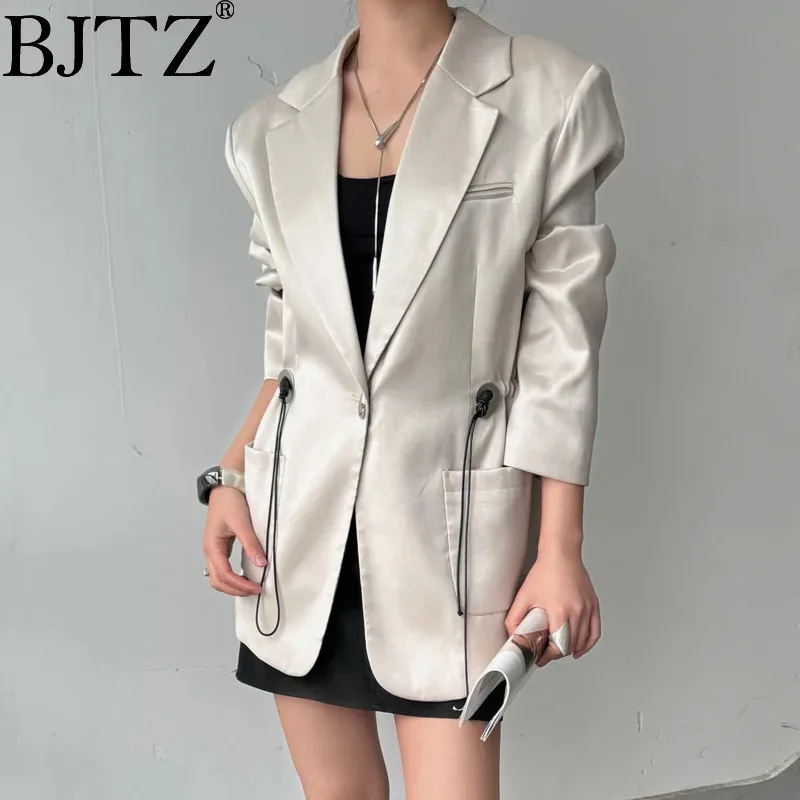 

BJTZ Women's Drawstring Waist Suit Design Sense Lapel Slim Single Horn Button Solid Color Design Sense Coat Femininity 2025
