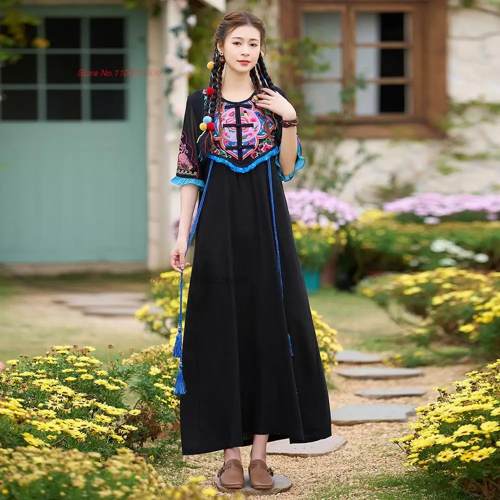 2024 chinese vintage cotton linen dress national flower embroidery sleeveless dress oriental ethnic folk style tassel long dress