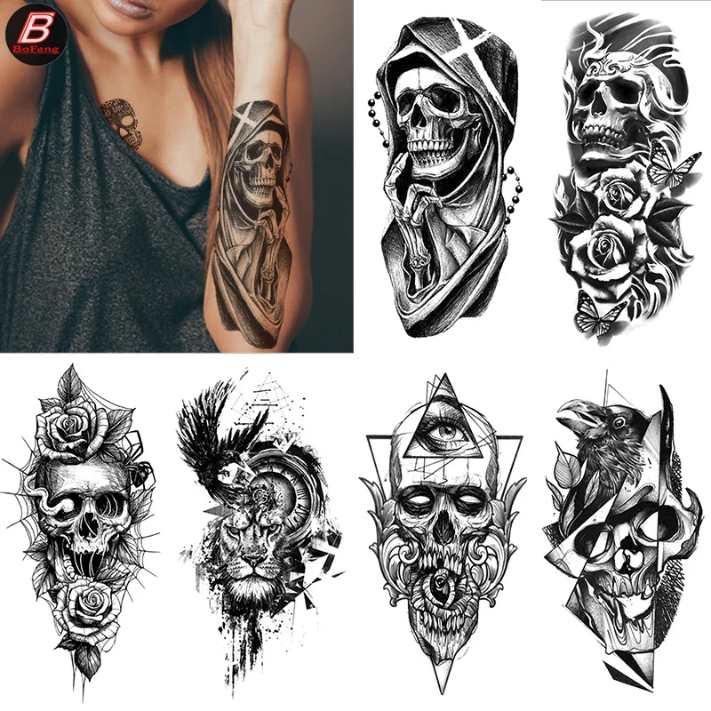 Waterproof Lasting Half-arm Tattoo Stickers Skull English Letter Bana Flower Small Tattoos Body Arm Sleeve Fake Totem Women Men