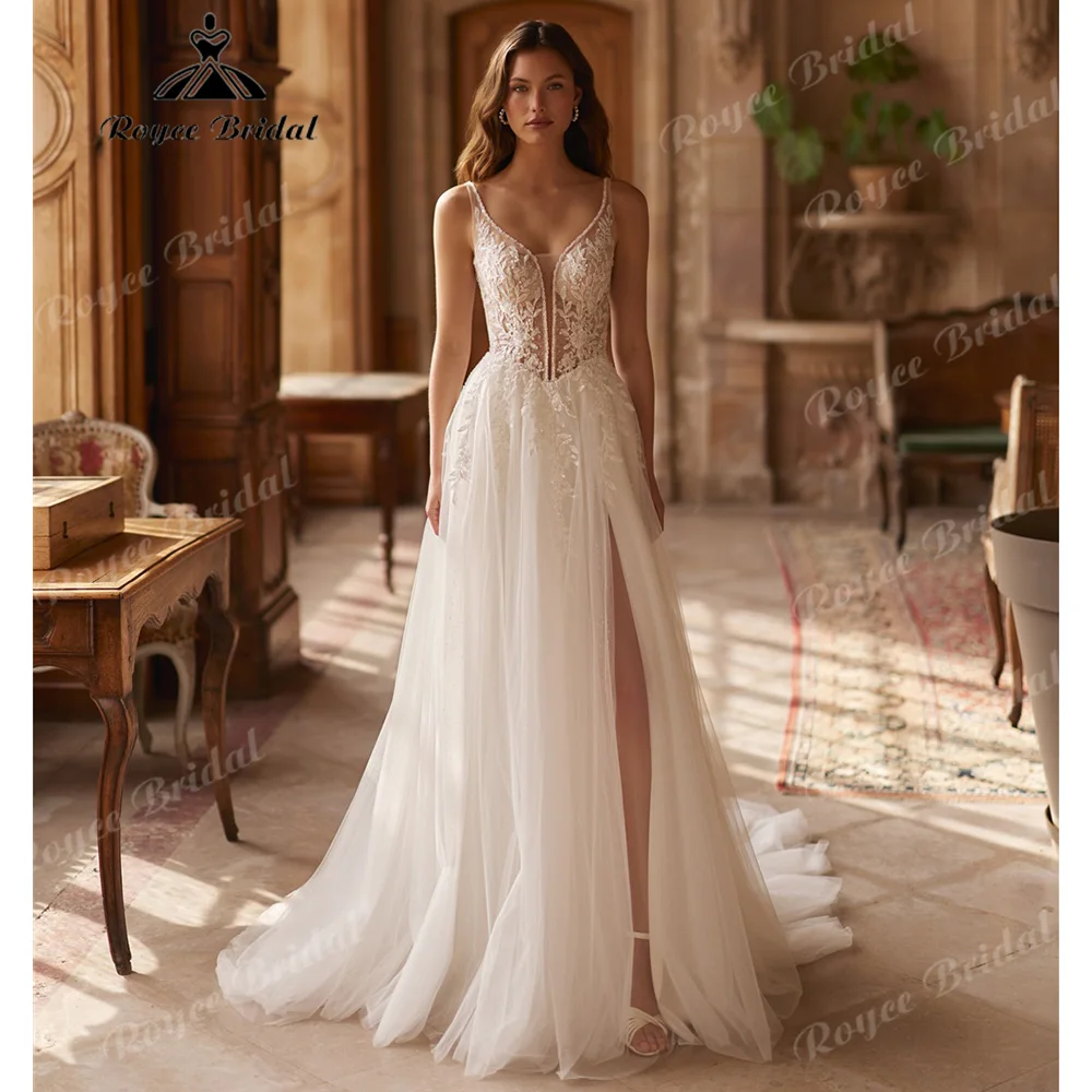 2027 Boho A-Line Wedding Dress Spaghetti Straps V Neck Beaded Lace Bridal Gown Cutout Open Back High Slit Glitter Tulle Customiz