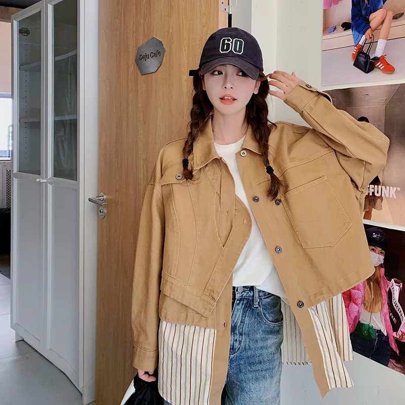 

SuperAen 2024 New Spring Autumn Korean Style Design Sense Denim Patchwork Streak Casual Women's Jacket