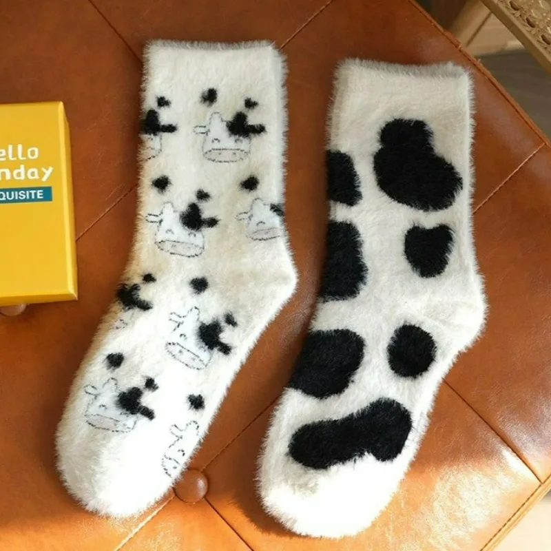 Cartoon Cute Plush Cow Spots Print Socks Thickened Warm Coral Fleece Socks Women's Cartoon Y2K Furry Thermal Sock