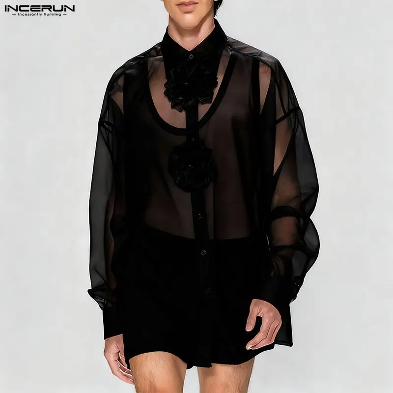 INCERUN Men Shirt Mesh See Through Flower Lapel Long Sleeve Men Clothing Streetwear Loose Sexy Fashion Long Style Shirts Camisas