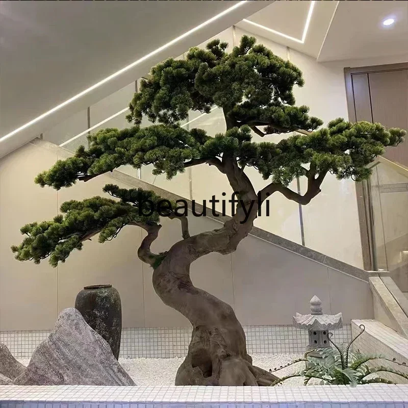 MM45 New Chinese style simulated welcome pine pine shape solid wood root carving fake tree hotel entrance landscaping