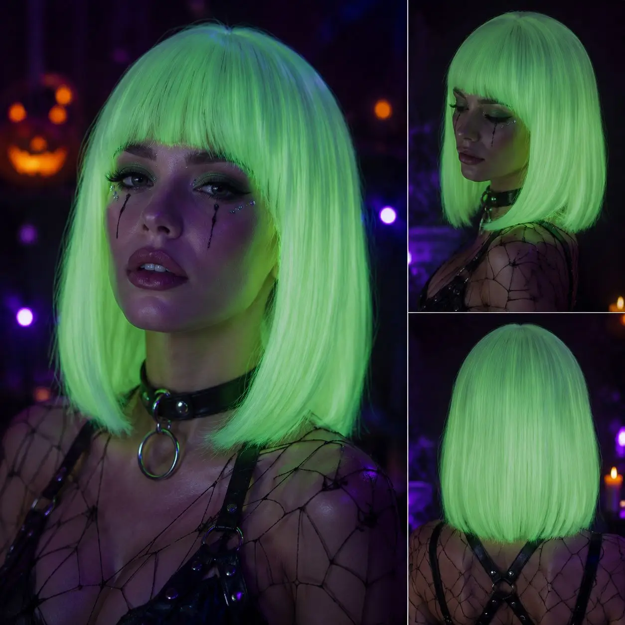 Women Fluorescent Glow In The Dark White Short Bob Synthetic Cos Wig Smooth Straight Hair  For Female Anime Cosplay Halloween