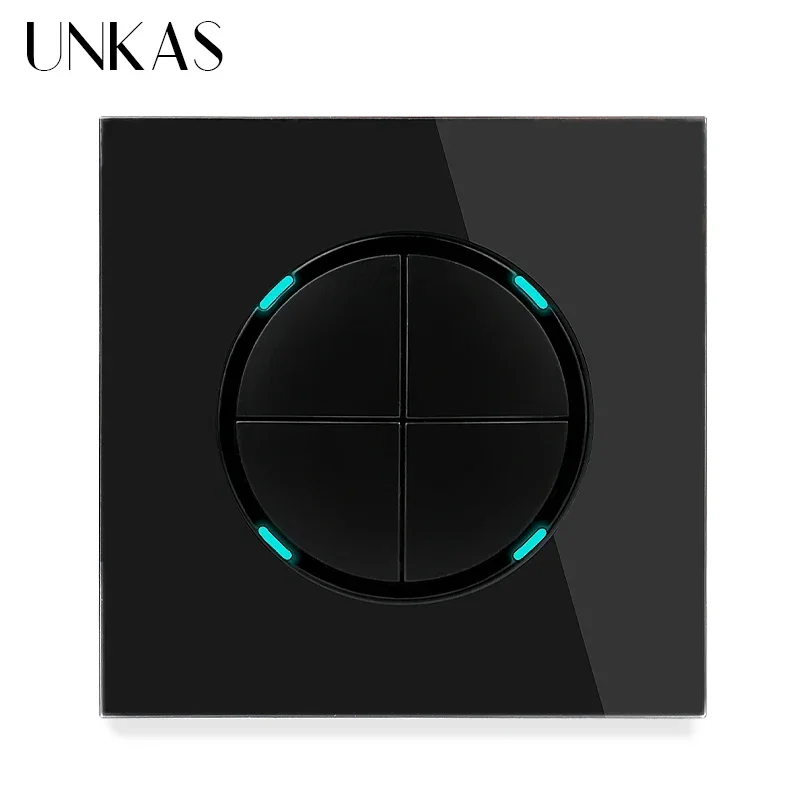 UNKAS Grey 1 2 3 4 Gang 1 / 2 Way Random Click on / Off Pass Through Wall Light Switch LED Indicator Gray Crystal Glass Panel image 3