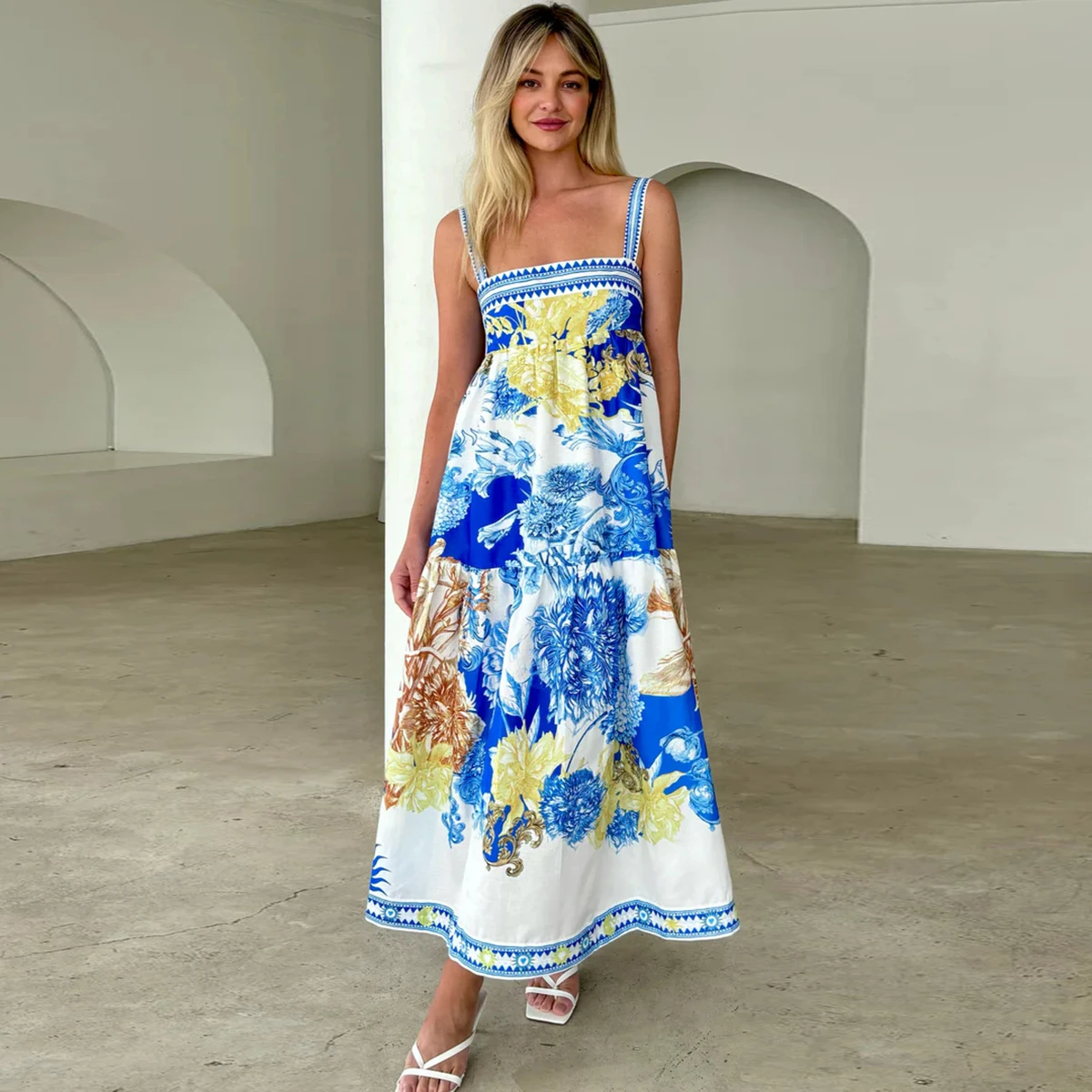 

Women Elegant Spring Summer Blue Floral Print Strap Casual Holiday Bohemain Long A Line Dress