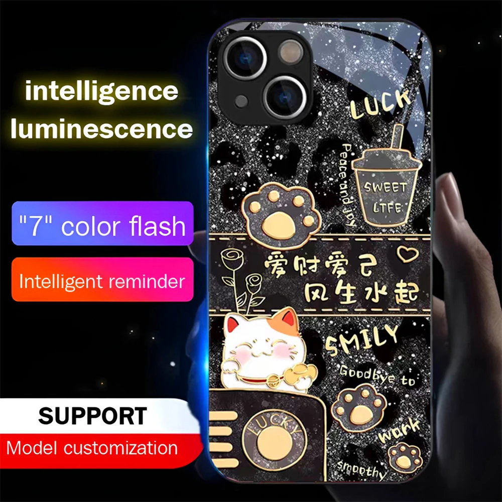 Luxury Fortune Cat Luminous Glass LED Call Light Up Flash Phone Case For Samsung S26 S25 S24 S23 S22 S21 S20 FE Plus Ultra