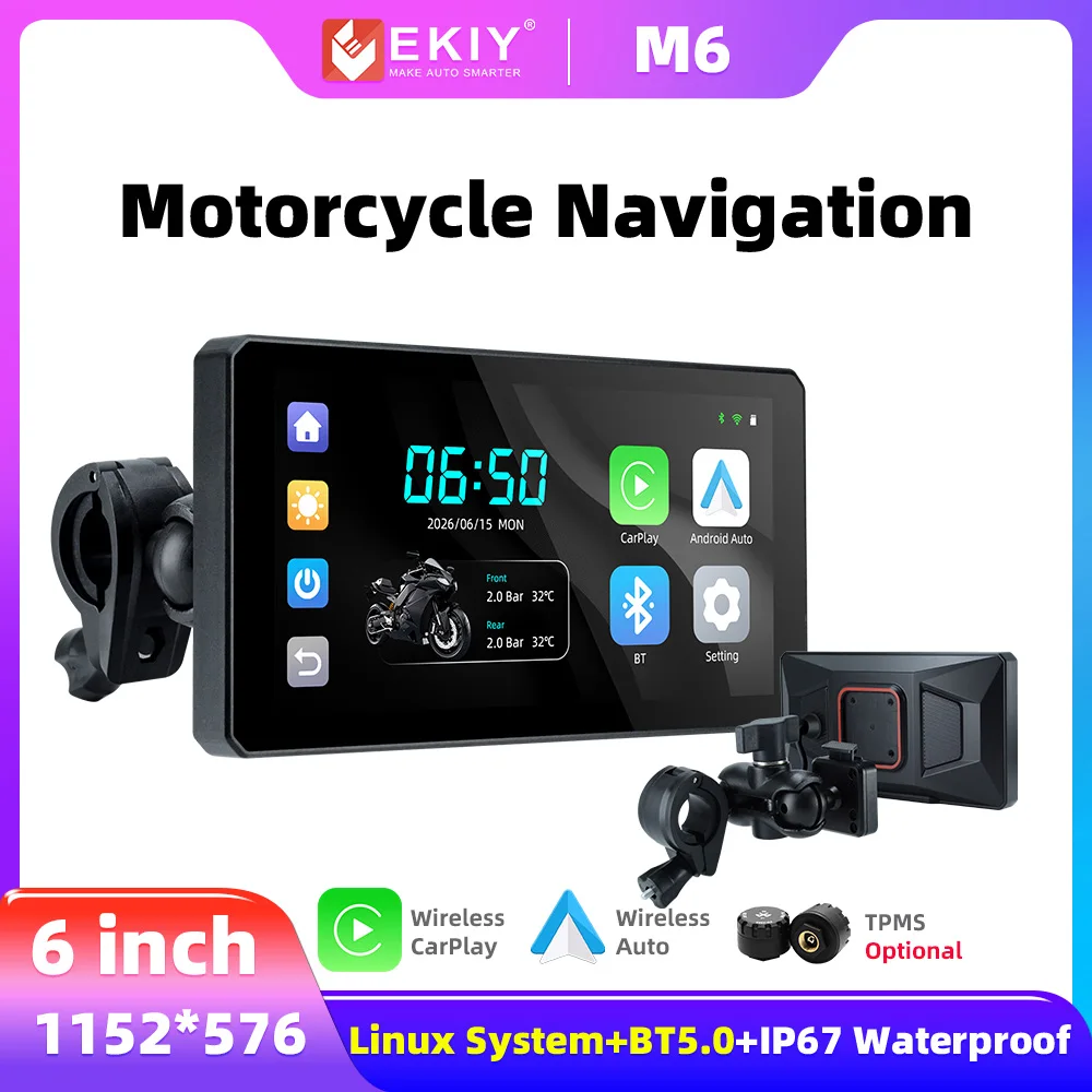 EKIY 6.25 Inch Motorcycle GPS Navigation Waterproof IP67 Display Screen Portable Motorcycle Wireless Carplay Android Auto Screen