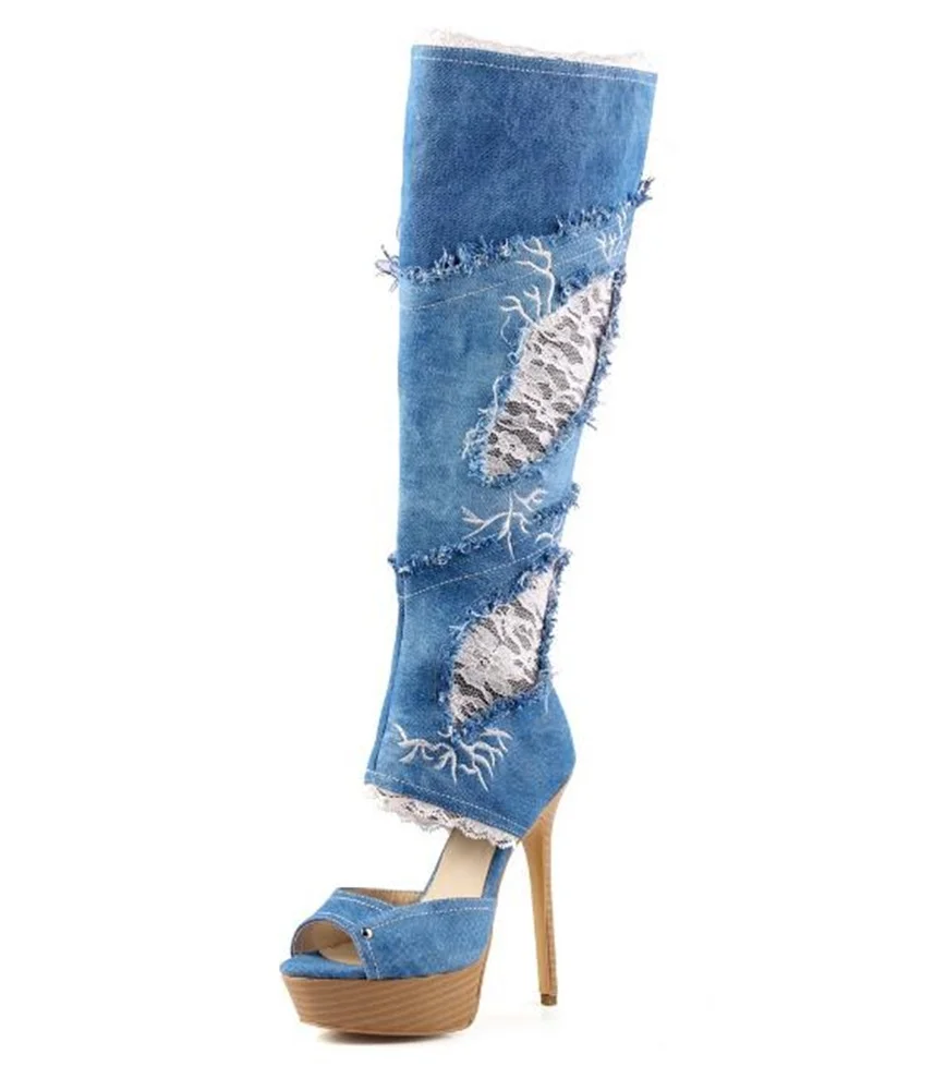 

Summer hot selling open toe knee high boots platform gladiator sandal boots for woman lace cutouts long boots denim blue boots