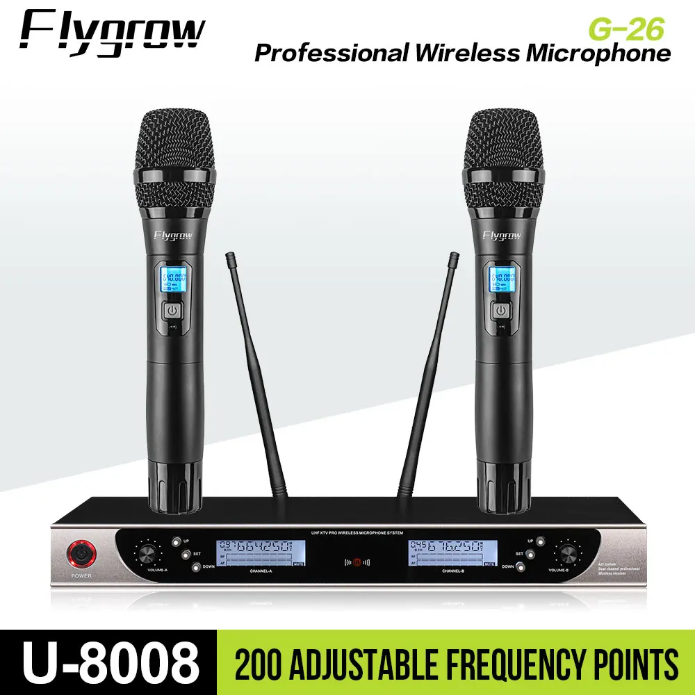 Professional Wireless Microphone Flygrow U-8008 Dynamic UHF Frequency Modulation Metal Handheld for Show,Meeting,Party,Church