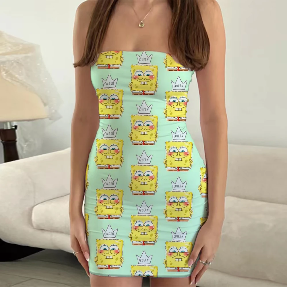 

SpongeBob cartoon pattern dress 2024 new summer women's clothing fashionable and comfortable casual wrap chest tube top dress