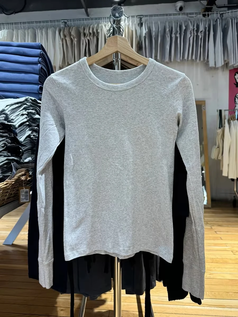 

Базовые тонкие футболки с длинными рукавами, женские осенние новые шикарные хлопковые уличные топы с круглым вырезом, универсальные серые повседневные футболки женские