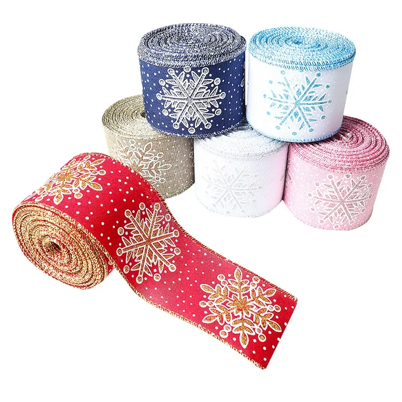 10 Yards Christmas Snowflake Printed Ribbons Fabric Print Wired Edge DIY XMAS Gift Wrapping Ribbon Wreath Bow Craft 2024