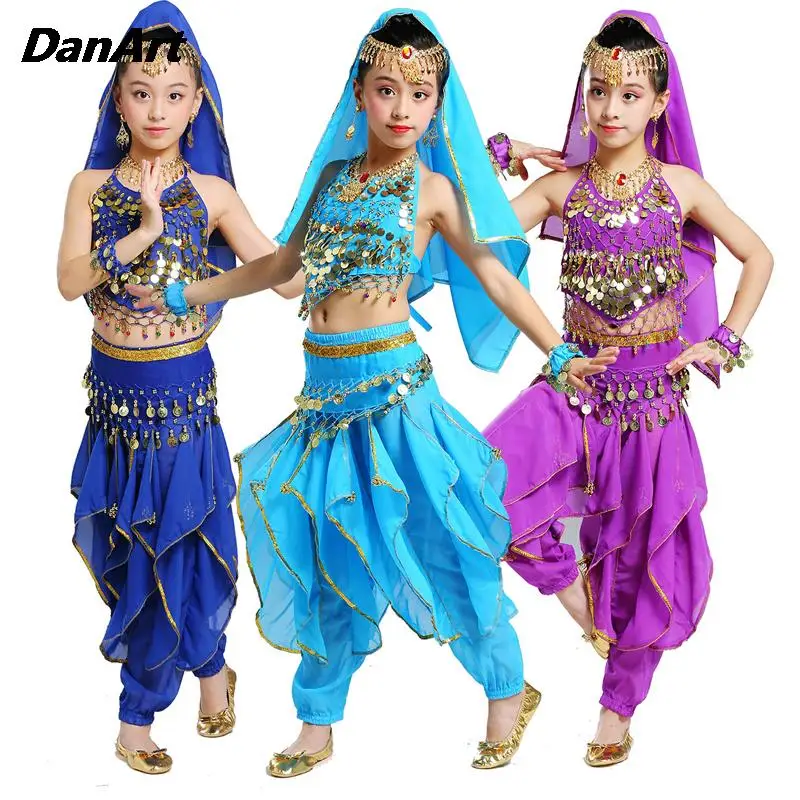 

Girls Arabic Belly Dance Costume Set Children's Indian Dance Practice Outfit Belly Pocket Top+Swivel Pants Performance Clothing