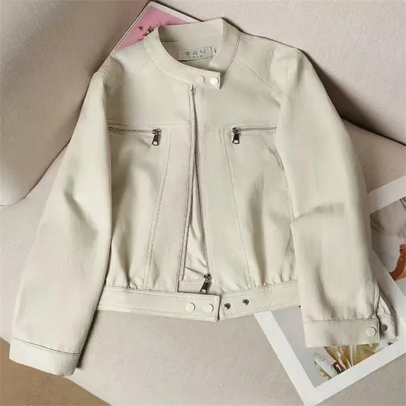 여성 의류 짧은 PU 가죽 재킷 여성 코트 봄 가을 신상 작은 디자인 스탠드업 칼라 재킷 트렌드