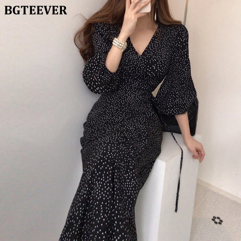 

BGTEEVER Spring Fashion V-neck Slim Waist Lace-up Female Dots Printed Dress Elegant Long Sleeve Women Split Package Hip Dress