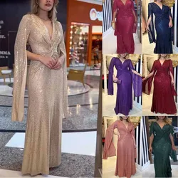 Women's Stretch Monochromatic Casual Sexy Dress, Elegant Sequin, Loose Long Skirt, V-Neck, Slit Sleeve, Gala Prom Dress, 2024