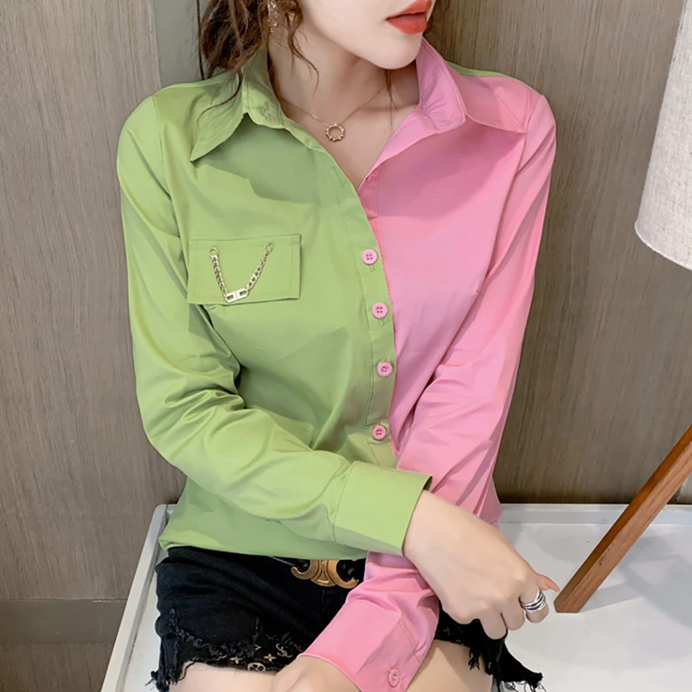 Faionable Kontrastfarbe Kettendruck Slim Fit Long Sve Collar Damen irt Street Sle Trendy Herbst Winter Neu A...