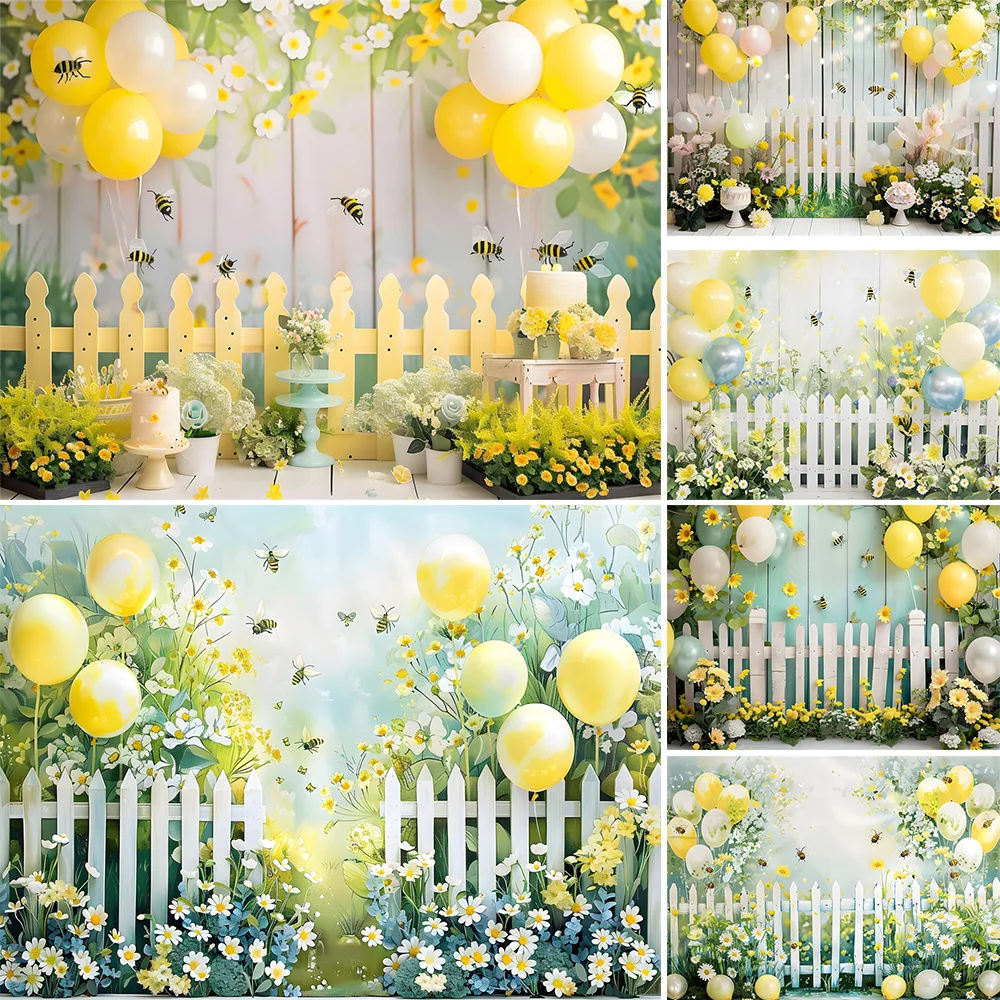 Birthday Party Photography Background Sweet Bee Baby Show Balloon Wooden Board Backdrop Flower Decoration Garden Photo Booth