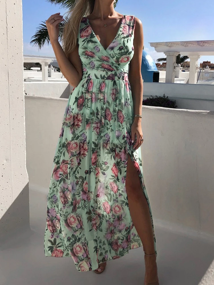 Summer Fashion Slim V-Neck Tie-Up Backless Chiffon Dress Sexy Sleeveless Slit Maxi Cover-Ups Robe Women Floral Print Beach Dress