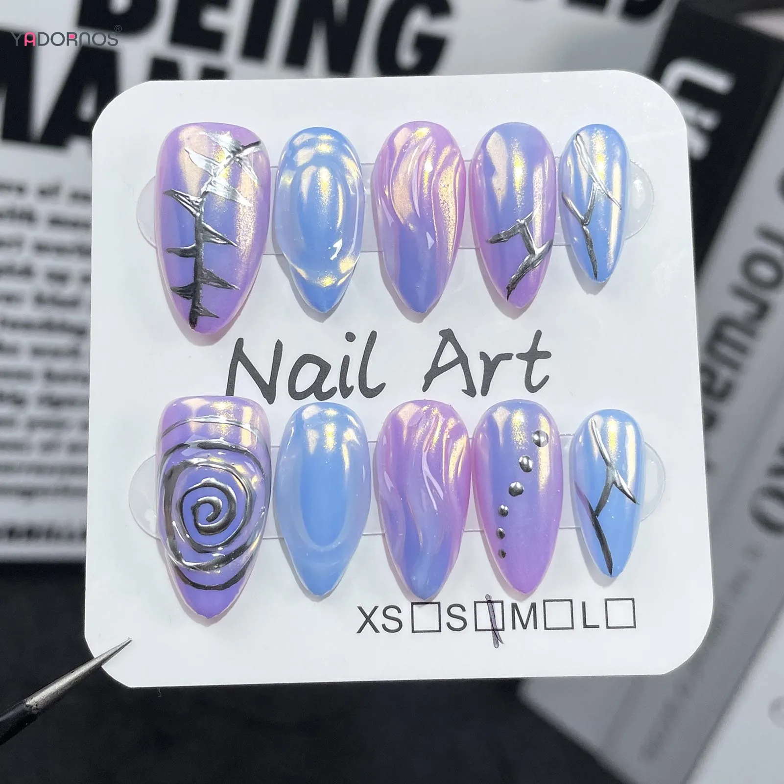 Aurora Handmade Unhas Falsas, Unhas Falsas Azuis Roxas Amêndoas, Heavy Metal, Wearable Manicure Tips, Y2K Girls, 10Pcs