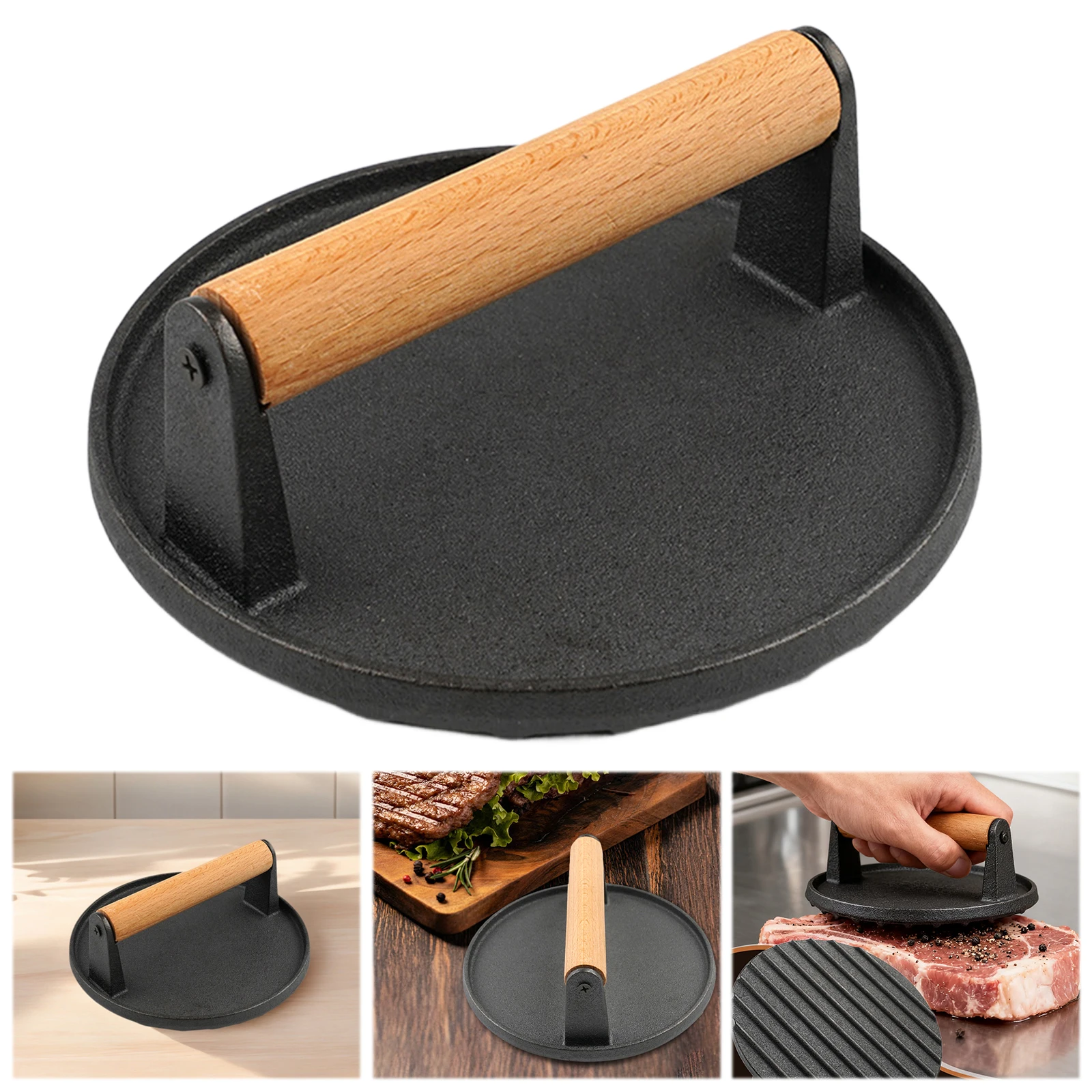 

Round Meat Pressing Plate with Wood Handle Cast Iron Burger Press Meat Steak Press Board for Griddle Grill Hamburger
