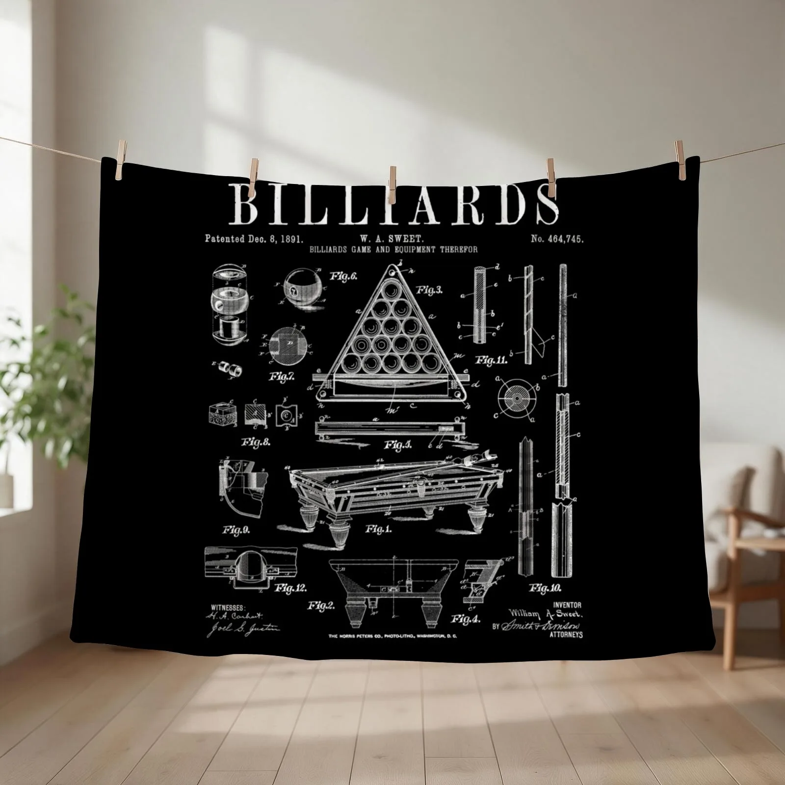 Billiards Table Pool Cue Ball Vintage Patent Drawing Print Throw Blanket Fashion Sofas Thin For Decorative Sofa Tourist Blankets