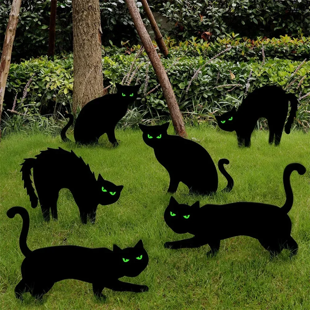 Halloween Yard Sign, 4/6PCS Reflective Black Cat Halloween Decoration Outdoor, Scary Family Home Front Yard Sign, Plastic Decora