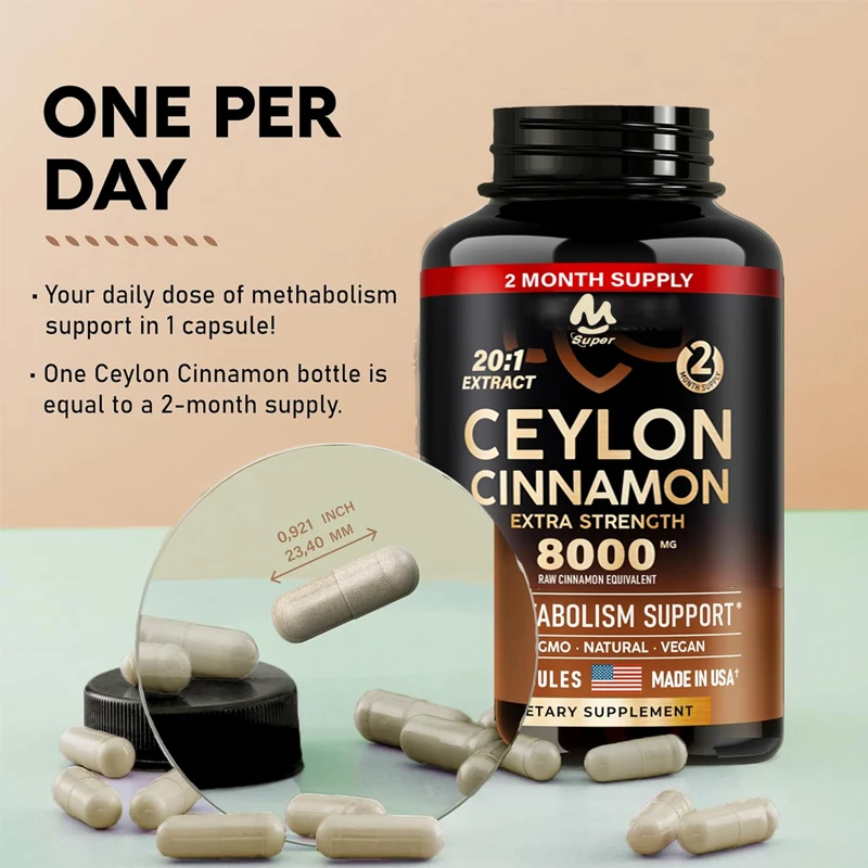 CeylonCinnamon60Capsules -8000milligrams, ExtraStrength - Energy, Heart, andMetabolic SupportPure NaturalExtract20:1 Supplement-