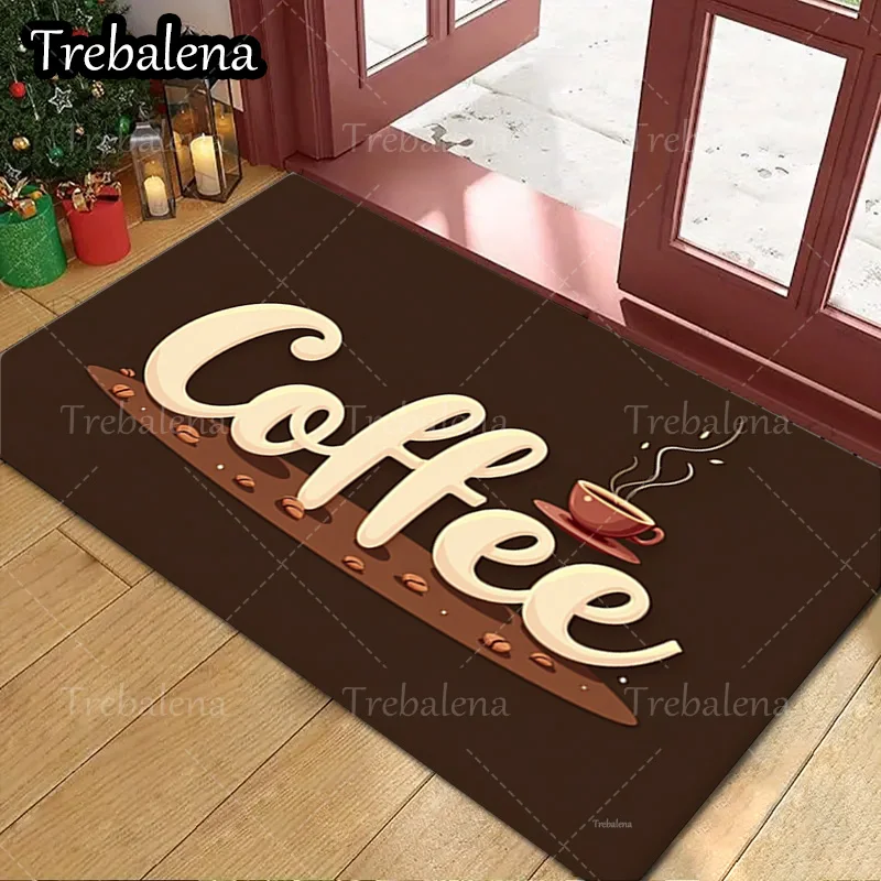 

1pc Welcome Door Mat Coffee Themed Kitchen Mat with Cup and Beans Design for Home Decor