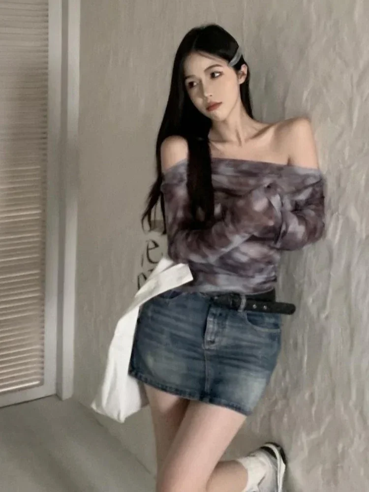 

Harajuku Vintage Tie-Dye T-Shirt Women Y2K Fairy Grunge Pleated Top Streetwear Slim Fit