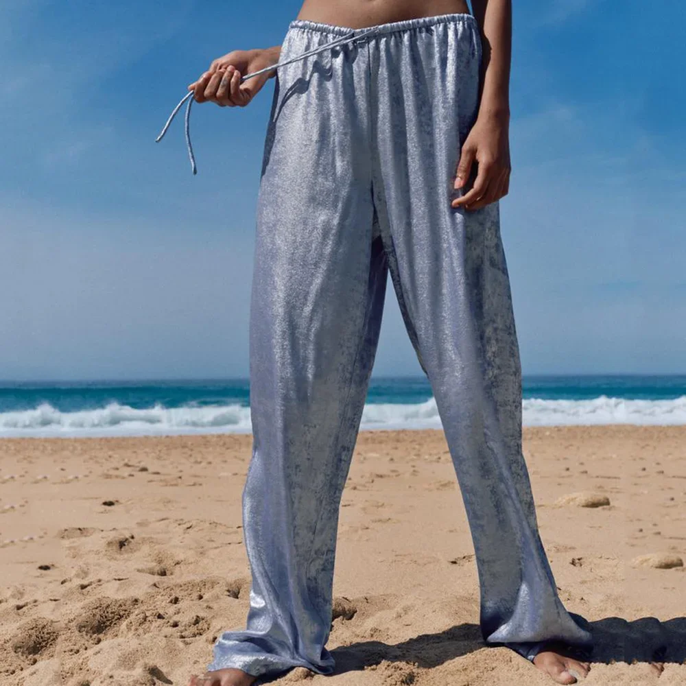 

Women's Metallic Straight Pants, High Elastic Waist with Drawstring, Female Trousers, Chic Fashion
